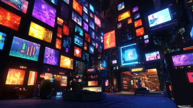 Cyberpunk nightscape with massive LED billboards and underground tech bazaars, full 4K resolution wallpaper.