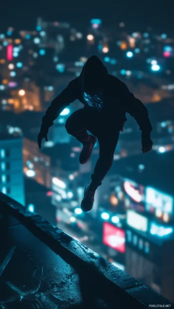 Cyberpunk ninja jumping across digital rooftops at night.