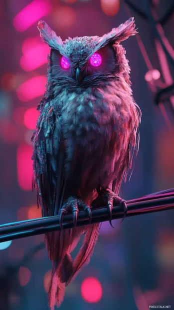 Cyberpunk owl with glitchy feathers perched on a data wire.
