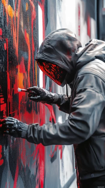 Cyberpunk painter creating graffiti with augmented brush.