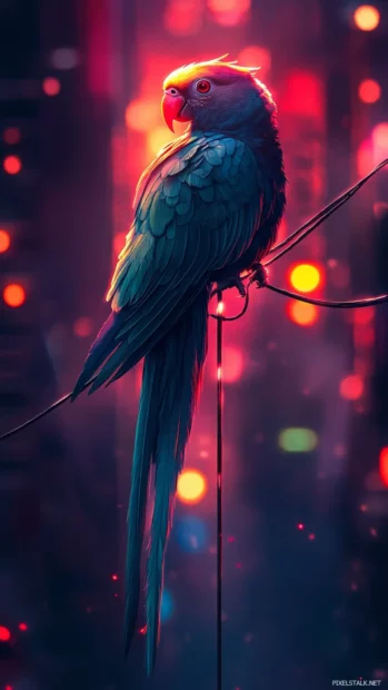 Cyberpunk parrot perched on a glowing wire.
