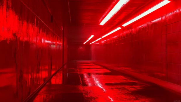Cyberpunk red neon lights, Cyberpunk alley drenched in red neon reflections.