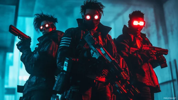Cyberpunk resistance group hiding in an abandoned warehouse, their gear glowing faintly in the darkness.