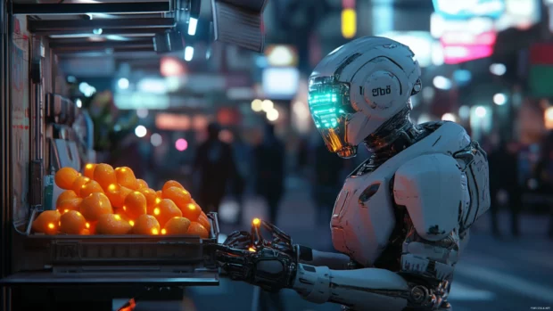 Cyberpunk robot vendor selling glowing fruit on the street.