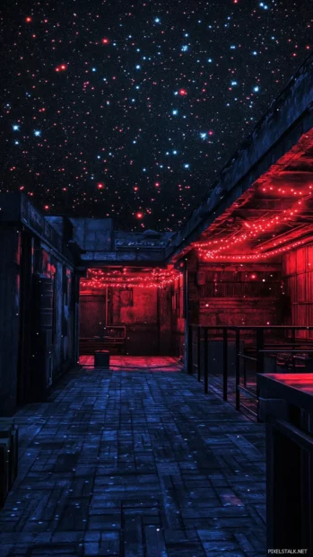 Cyberpunk rooftop at night with stars above, best vertical format for Cyberpunk mobile wallpapers.