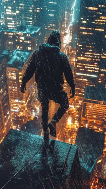 Cyberpunk rooftop chase under rain and lightning, vivid detail for mobile screen.