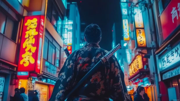 Cyberpunk samurai standing under neon billboard.