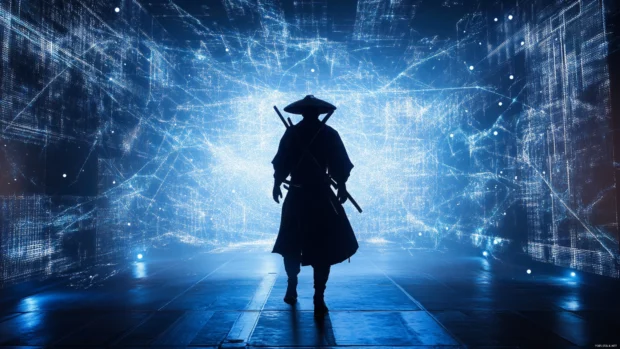 Cyberpunk samurai walking through holograms.