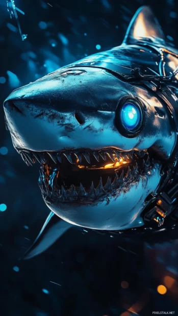 Cyberpunk shark with glowing blue eyes featured in cool shark wallpaper design.