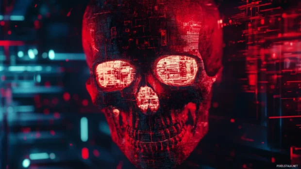 Cyberpunk skull desktop wallpapers HD glowing in digital red and glitch textures.