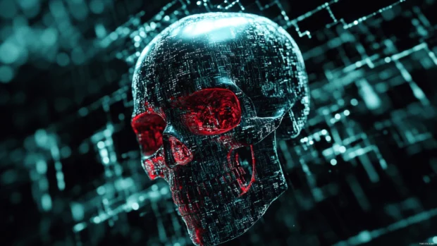 Cyberpunk skull surrounded by data stream and deep shadows.