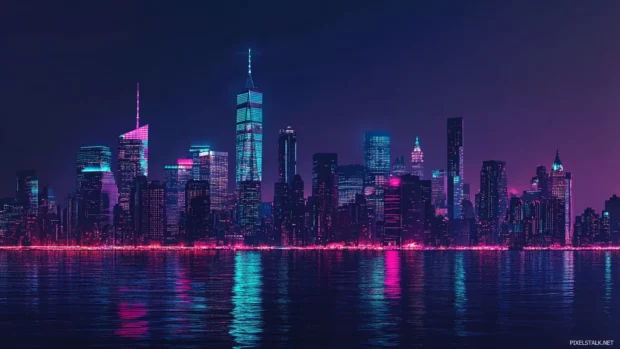 Cyberpunk skyline at night, PC wallpapers 1920x1080 with neon city lights.