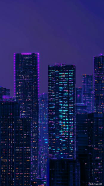 Cyberpunk skyline at twilight with vivid purples and teals, designed for cyberpunk phone wallpapers 4K.