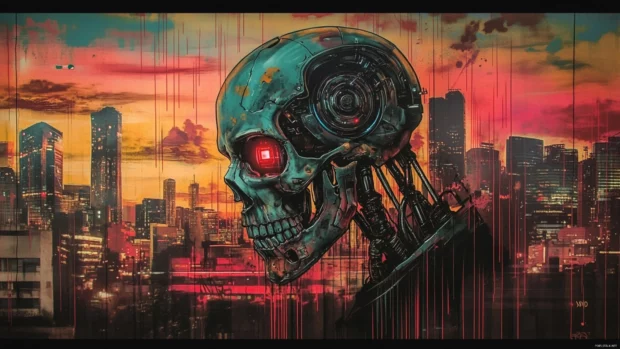 Cyberpunk skyline backdrop for a cool graffiti wallpaper with robotic skull.