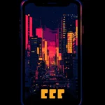 Cyberpunk skyline bathed in vivid neon colors featuring Neon cyberpunk phone background.