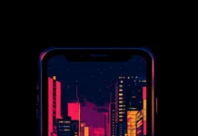 Cyberpunk skyline bathed in vivid neon colors featuring Neon cyberpunk phone background.