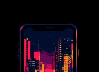 Cyberpunk skyline bathed in vivid neon colors featuring Neon cyberpunk phone background.