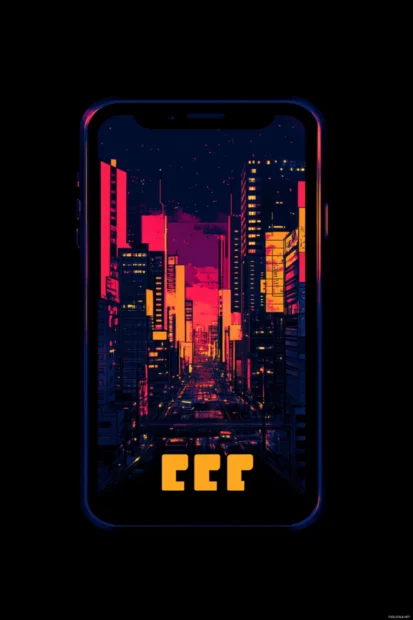 Cyberpunk skyline bathed in vivid neon colors featuring Neon cyberpunk phone background.