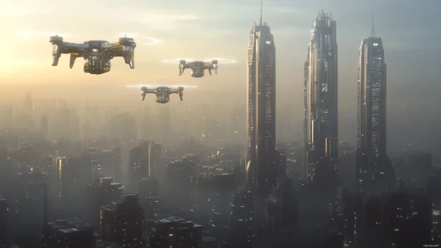 Cyberpunk skyline dominated by glowing skyscrapers and buzzing drones.