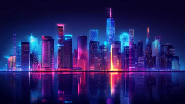Cyberpunk skyline glowing with moody neon hues illuminated by Cyberpunk dark neon wallpaper.