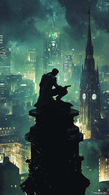 Cyberpunk skyline glows behind a silhouetted hero perched on a spire.