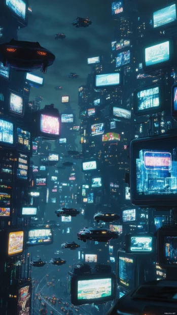 Cyberpunk skyline overrun with glowing billboards and flying vehicles.