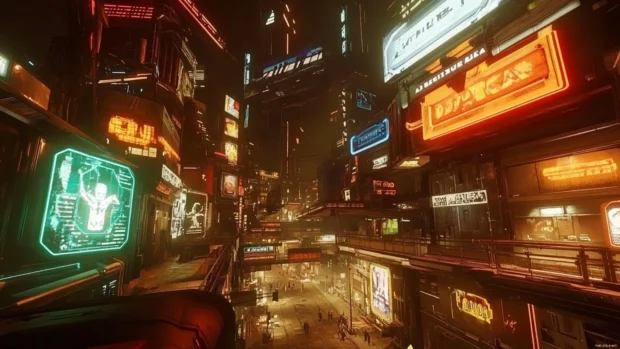 Cyberpunk street glowing with neon advertisements, Cyberpunk neon sign cityscape.