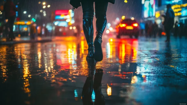 Cyberpunk street scene with rainy reflections, ideal for a high resolution desktop look.