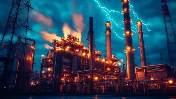 Cyberpunk themed power plant with digital lightning and AI surveillance.