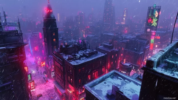 Cyberpunk themed rooftop view overlooking a neon metropolis, an excellent choice for cyberpunk desktop wallpapers.