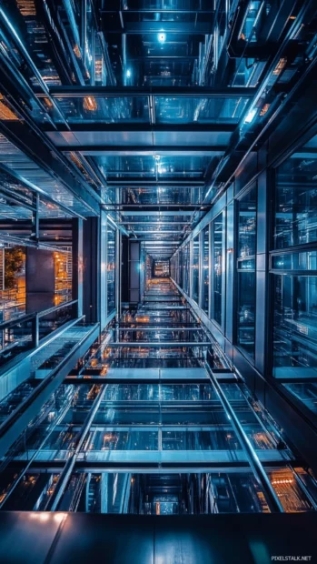 Cyberpunk themed skyscraper view from below, perfect for HD display.