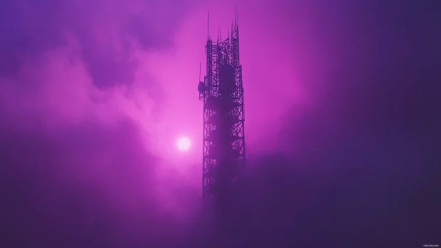 Cyberpunk tower rising through purple fog and electric haze.