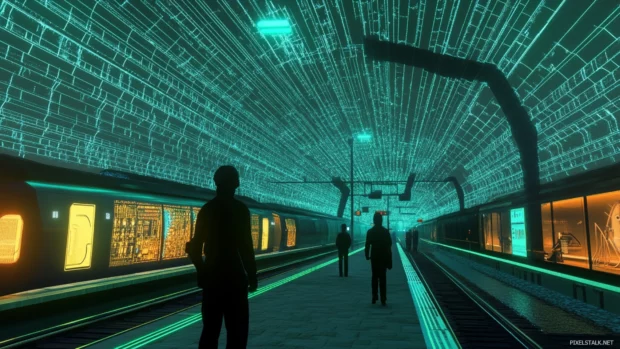 Cyberpunk train station filled with android commuters and laser.