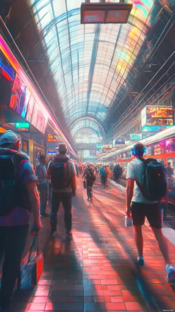 Cyberpunk train station with travelers surrounded by AR signs.