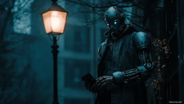 Cyberpunk vigilante with robotic arms standing under the light of a flickering streetlamp.