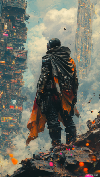 Cyberpunk warrior gazes out over the ruins of a neon battlefield.