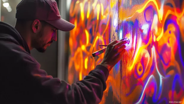 Cyborg artist painting graffiti with glowing ink on a steel wall.