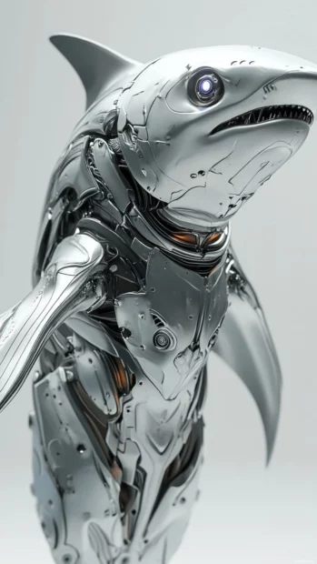 Cyborg shark with laser eyes in sleek silver armor.