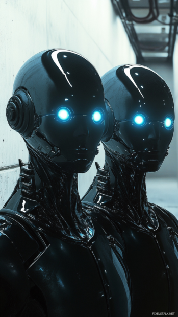 Cyborg twins with glowing eyes guard the entrance to a secret corridor.
