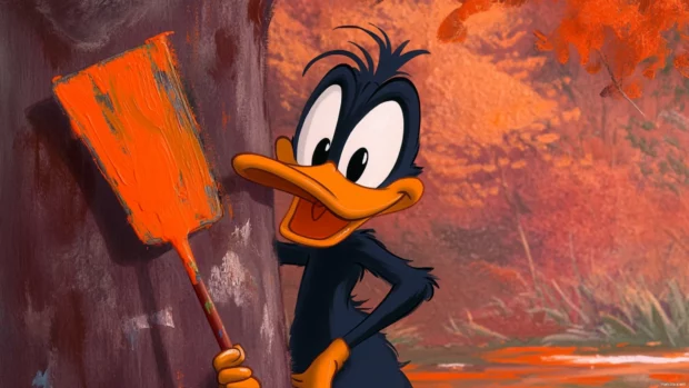 Daffy Duck hides behind a tree holding a giant paintbrush after painting everything orange.