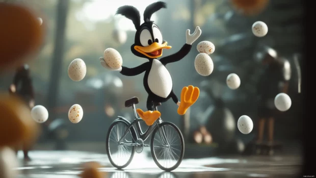 Daffy Duck juggles eggs while balancing on a unicycle with exaggerated cartoon eyes.