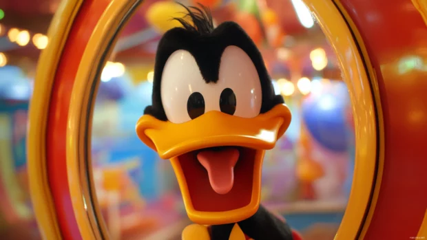 Daffy Duck makes silly faces in a funhouse mirror reflection at a cartoon carnival.