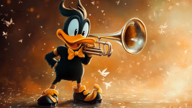 Daffy Duck plays a trumpet loudly while wearing a marching band outfit and oversized shoes.