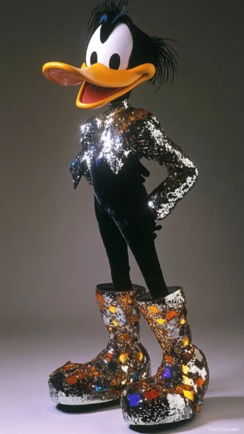 Daffy Duck poses for a photo shoot wearing sparkling disco attire and platform shoes.