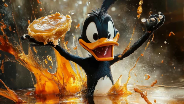 Daffy Duck throws a pie and ends up with it splattered on his own face while making a funny pose.