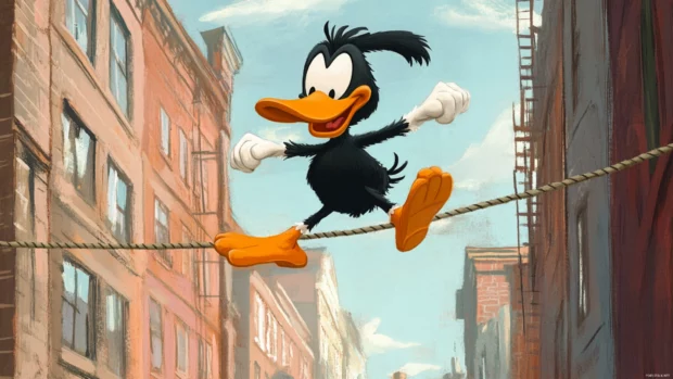 Daffy Duck tries to balance on one foot on a tightrope stretched between two cartoon buildings.