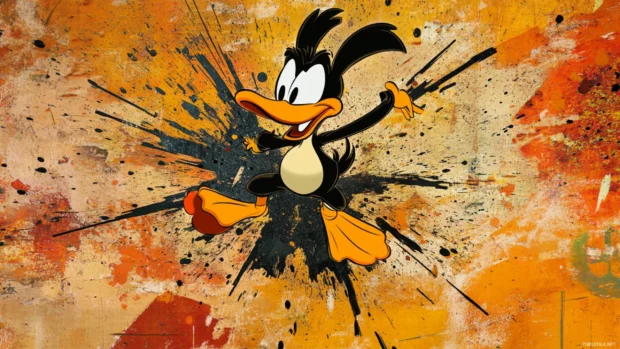 Daffy Duck wallpaper showing him jumping with his classic wild expression against a comic burst background.
