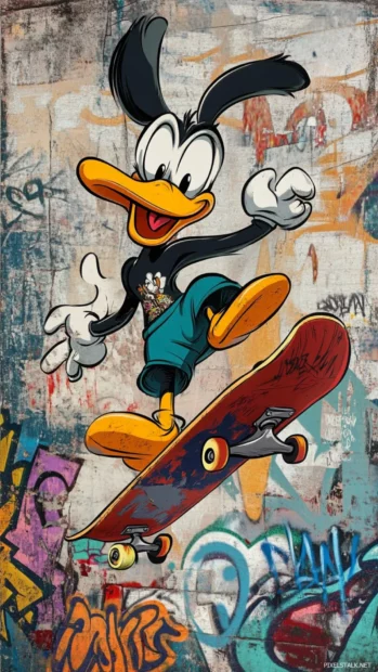 Daffy Duck wallpaper showing him skateboarding through a city full of Looney Tunes graffiti.