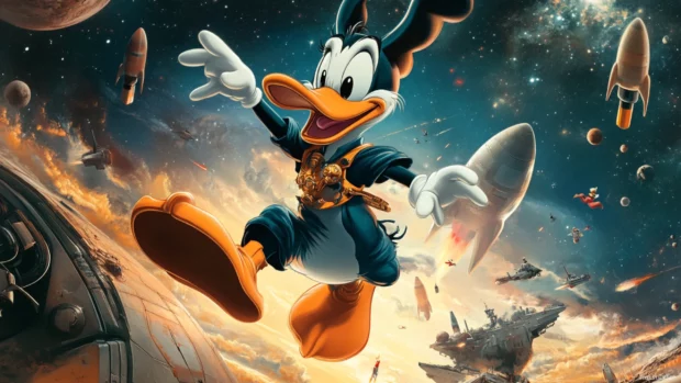 Daffy Duck wallpaper with him dressed as Duck Dodgers in a space background with rockets.