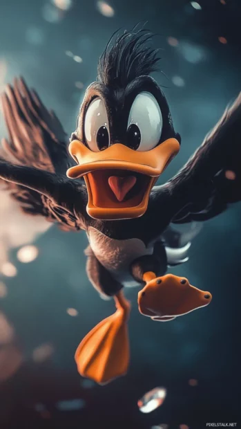 Daffy Duck wallpaper with him flying with a jetpack and shocked eyes in midair.
